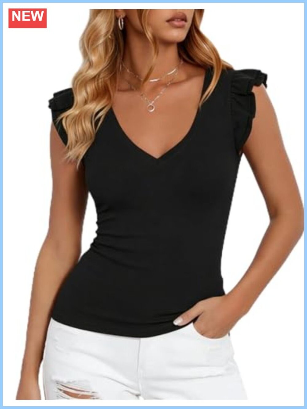 Halife Womens Ribbed Knit V Neck Ruffle Sleeve Slim Fit Sleeveless Top